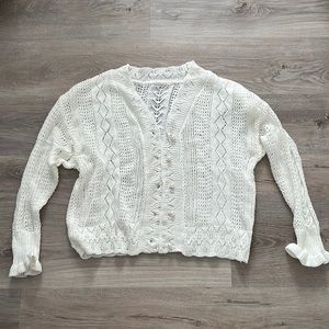 White V-Neck Pointelle Knit Cardigan